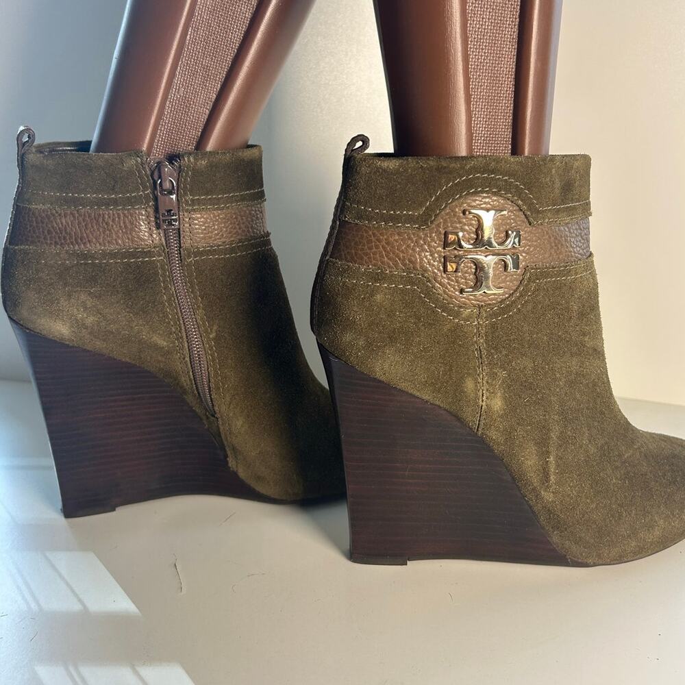 Tory Burch Aaden Wedge Dark Green Suede Ankle Boots Sz 10.5 - Picture 2 of 7